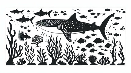 black silhouette of whale shark and corals illustration icon vector for logo, isolated on white background