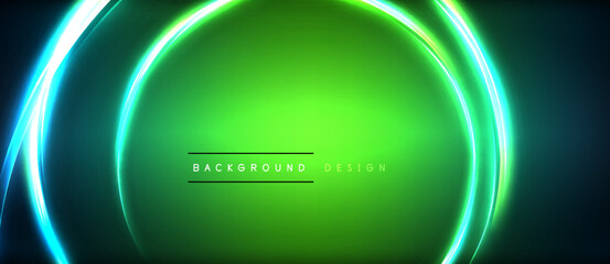 Poster - Neon glowing circle rays, light round lines in the dark, planet style neon wave lines. Energetic electric concept design for wallpaper, banner, background