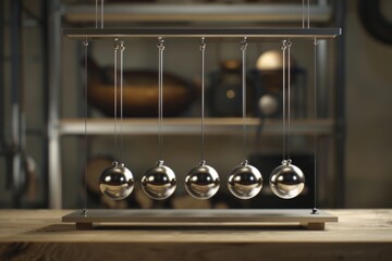 Poster - Newton's cradle on table with clock in background. Suitable for business concept