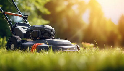 Lawn mower mowing fresh green grass