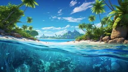 Wall Mural - Beautiful tropical ocean with blue sky and palm trees in summer