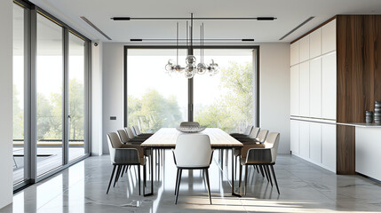 Wall Mural - There is a long wooden table with chairs around it in a modern dining room.

