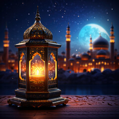 Arab style lantern in the night scene, mosque background with full moon. Generative ai.