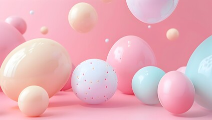 Poster - 3D rendering of pastel colored spheres and eggs on a pink background in the style of Easter
