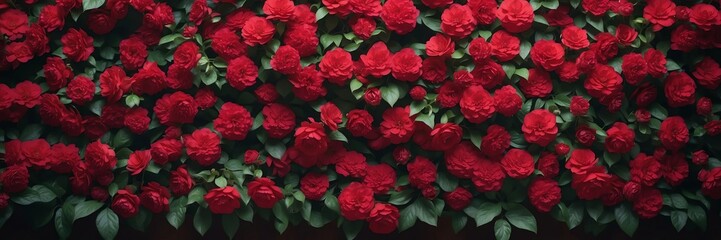 wall of bright red flowers banner background