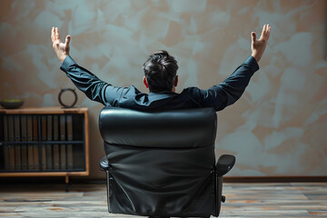 Wall Mural - A man sits in a black leather chair, hands raised behind him, facing away from the camera