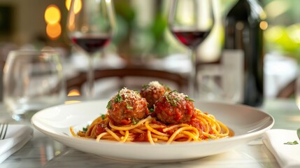 Spaghetti and Meatballs on a White Plate