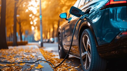 Wall Mural - Electric car charging. Charging a modern electric car on the street in autumn. Electric transport. Eco-Friendly energy concept.