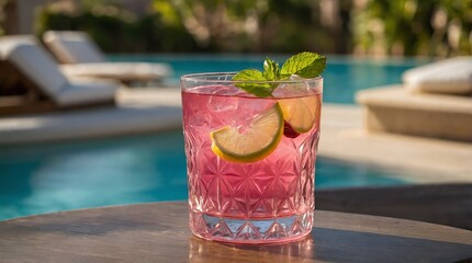 pink drink glass on side table by the pool on beach summer resort vacation relaxation