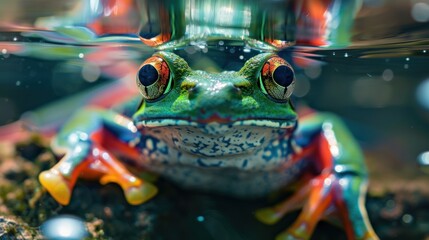 Wall Mural - Close-up of a colorful frog swimming under the sea.