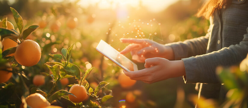 farm with technology concept background. young women use tablet with virtual hologhrapic at orange fruits garden