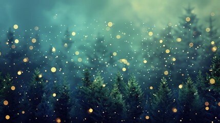 Wall Mural - A magical Christmas backdrop with a gradient of forest green to midnight blue, dotted with sparkling bokeh lights to evoke a serene night sky.