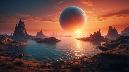 Wall Mural - sunset sea ocean landscape on unknown alient planet