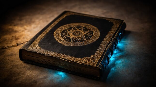 old ancient black magical book glowing bright light