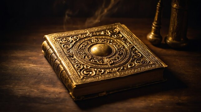old ancient gold magical book glowing bright light