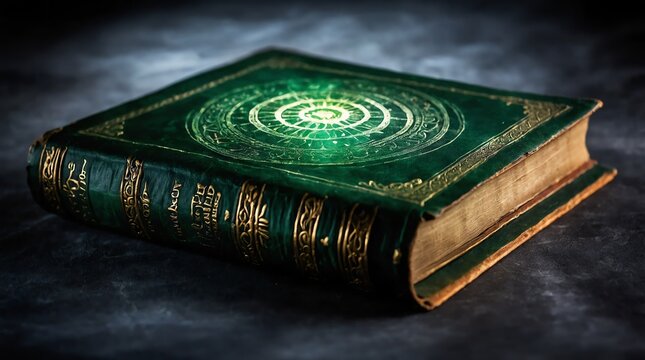 old ancient green magical book glowing bright light