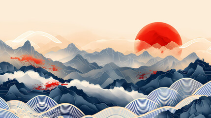 Wall Mural - Mountain layout design in oriental style.Japanese background with line wave pattern vector. Abstract template with geometric pattern.