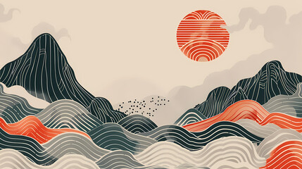 Wall Mural - Mountain layout design in oriental style.Japanese background with line wave pattern vector. Abstract template with geometric pattern.