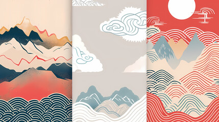 Set Mountain layout design in oriental style.Japanese background with line wave pattern vector. Abstract template with geometric pattern.