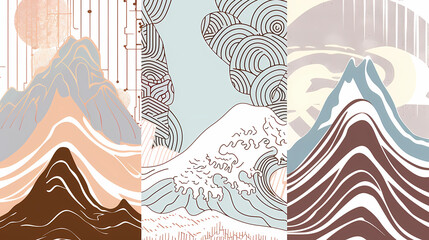 Wall Mural - Set Mountain layout design in oriental style.Japanese background with line wave pattern vector. Abstract template with geometric pattern.