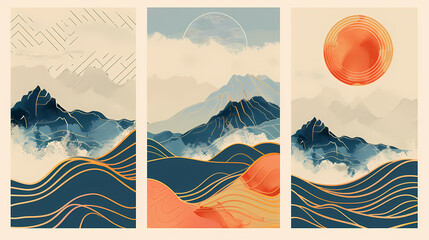 Set Mountain layout design in oriental style.Japanese background with line wave pattern vector. Abstract template with geometric pattern.