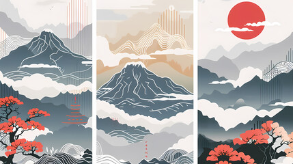 Wall Mural - Set Mountain layout design in oriental style.Japanese background with line wave pattern vector. Abstract template with geometric pattern.