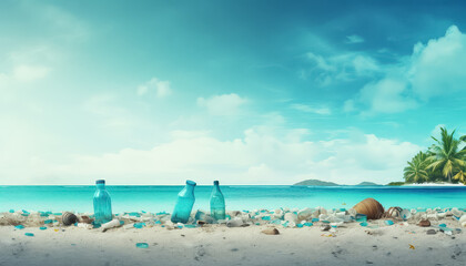 Wall Mural - Two bottles of water are on the beach next to the ocean