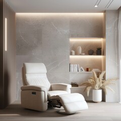 Sticker - Minimalist living room in white color with a white recliner sofa, a minimalist bookshelf, and simple, elegant lighting