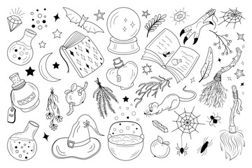 Set magic items doodle. Objects theme witches Halloween esoteric. Vector illustration black on white