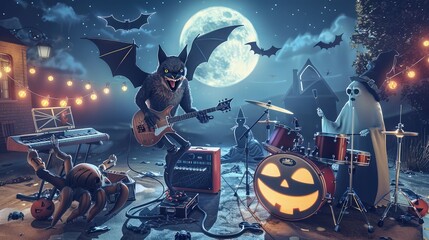 Wall Mural - A spooky Halloween-themed concert with a bat playing the electric guitar, a spider on drums, and a ghost with a keyboard, under a moonlit night.