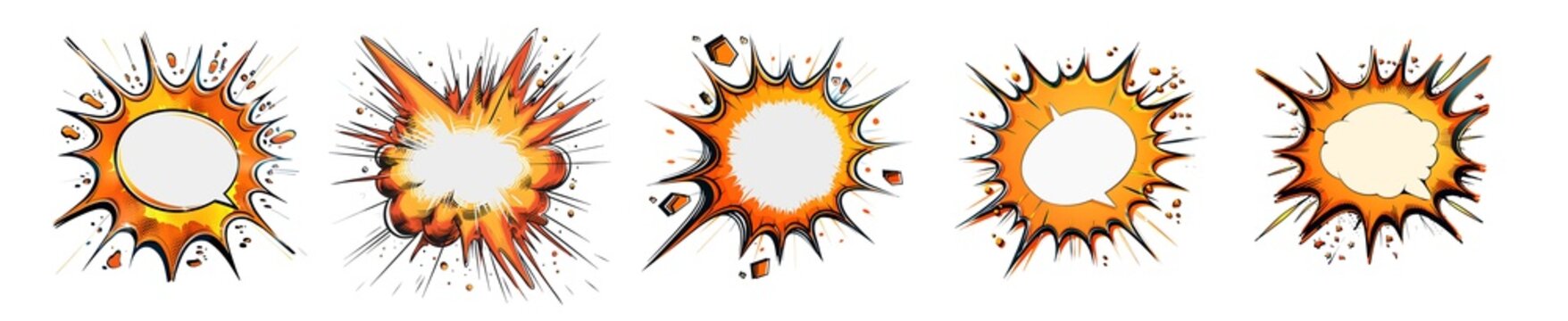 Collection of empty Orange comic speech bubble, retro cartoon stickers. Pop art style