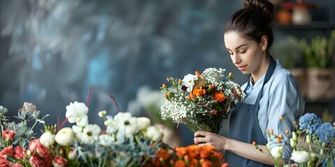Wall Mural - Florist in apron showcasing favorite hobby while creating bouquet for celebration. Concept Floral Arrangement, Hobby Showcase, Celebratory Bouquet, Apron Styling, Florist's Creations