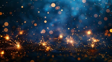 Wall Mural - Long New Year background featuring sparklers and bokeh lights on a dark blue night sky, with open area for text placement