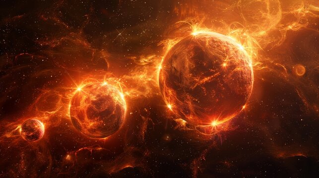 three fiery orbs in space radiate heat and energy.