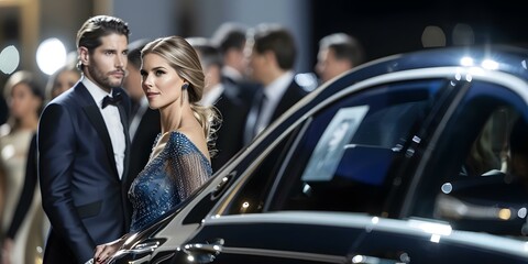 Wall Mural - Celebrities in stunning gowns arrive at premiere in limousines for awards show. Concept Red Carpet Events, Celebrities in Gowns, VIP Arrivals, Limousine Arrival, Awards Show Glamour