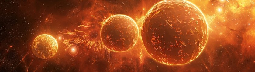 Wall Mural -  Three fiery orbs in space radiate heat and energy.