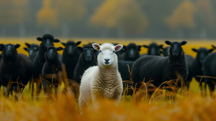 Wall Mural - An outstanding white sheep among the black sheep. Standout uniqueness appeal and personality diversity concept. Be different with your own identity and beauty.