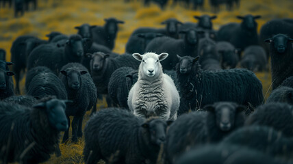 Wall Mural - An outstanding white sheep among the black sheep. Standout uniqueness appeal and personality diversity concept. Be different with your own identity and beauty.