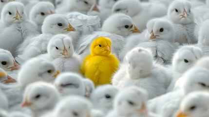 Wall Mural - An outstanding yellow chick among the young chicks on the farm. Standout uniqueness appeal and personality diversity concept. Be different with your own identity and beauty.