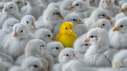 Wall Mural - An outstanding yellow chick among the young chicks on the farm. Standout uniqueness appeal and personality diversity concept. Be different with your own identity and beauty.