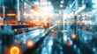 © auttawit - A blurry image of a factory floor with a robot in the middle. The robot is surrounded by a lot of light and the background is filled with bright colors. Scene is energetic and futuristic