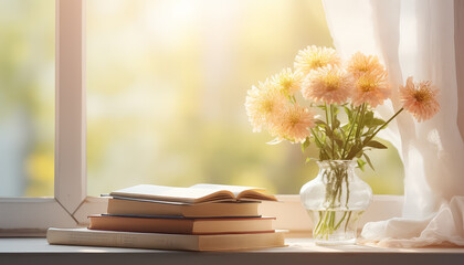 Poster - A vase of flowers sits on top of a stack of books