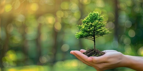 Wall Mural - Hands Nurturing Young Tree in Bright Sunlight