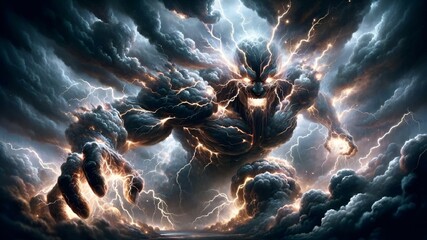 AI generated illustration of a Thunderous Titan, a colossal being made of storm clouds