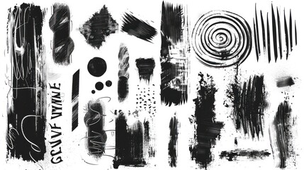 Wall Mural - Isolated grunge chalk hand-drawn shapes including lines, spirals, and messy scribbles on a white background, emphasizing rough textures and artistic flair