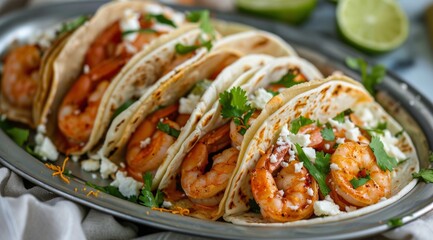 Wall Mural - Plate of Shrimp Tacos With Lime Wedges