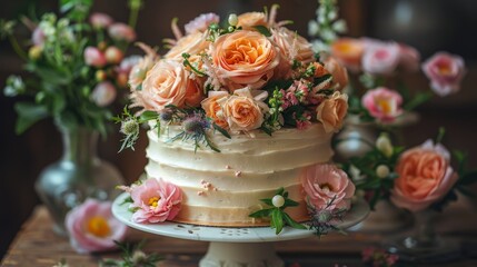 Elegant Wedding Cake Adorned With Flowers