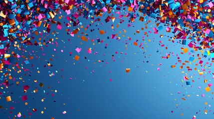 Sticker - Festive flying confetti in a spectrum of colors set against a blue backdrop, leaving generous space for text placement