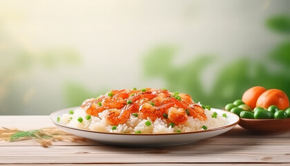 Wall Mural - A plate of shrimp and rice with green peas