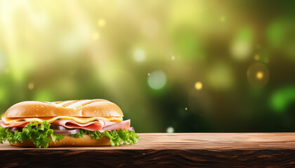 Wall Mural - A sandwich with ham and cheese is on a wooden table